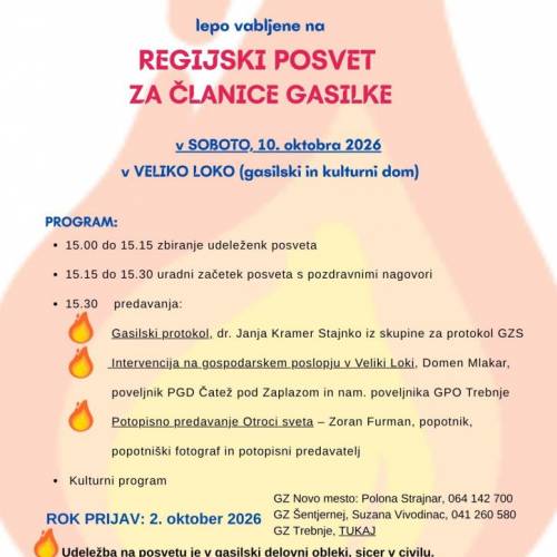 Regijski posvet za gasilke 10. 10. 2026 v GZ Trebnje - PGD Velika Loka